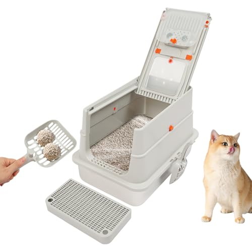 Edelstahl Katzenklo mit Deckel Katzentoiletten mit Schaufel und Fußstufe 30L Geschlossene Metall-Katzenklo 120 Klappdeckel Herausnehmbar Leicht zu Reinigen Hellgrau