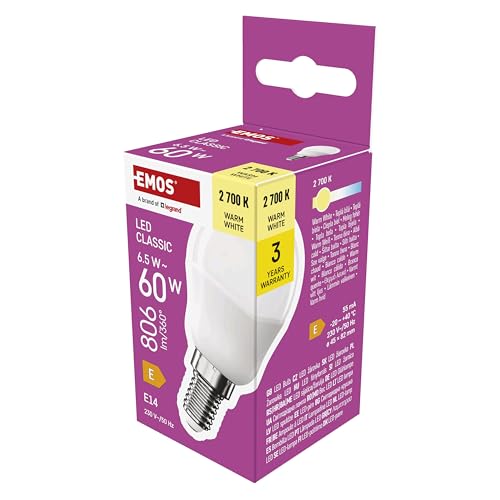 EMOS LED Lampe Mini Globe 6 5W Ersatz für 60W Glühbirne kleine Birne mit E14 Sockel Helligkeit 806 lm Warmweiß 2700 K 30000 h Lebensdauer CRI min. 80 150 Abstrahlwinkel