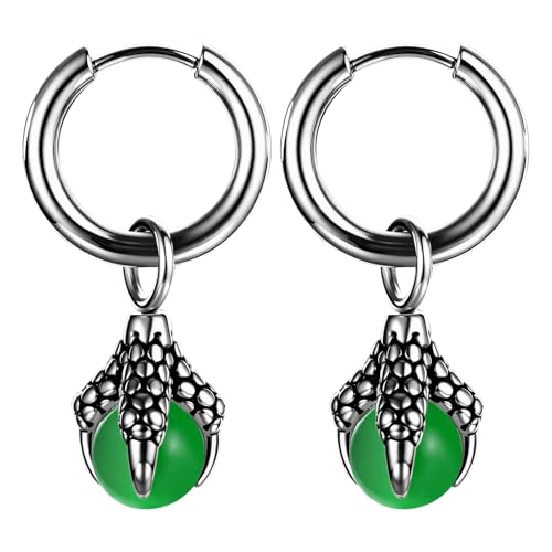 JewelryWe Drachenklauen Anhänger Edelstahl Huggie Baumelnde Drachenkralle und Grün Kugel Gothic Punk Rock Ohrstecker Vintage Schmuck für Herren
