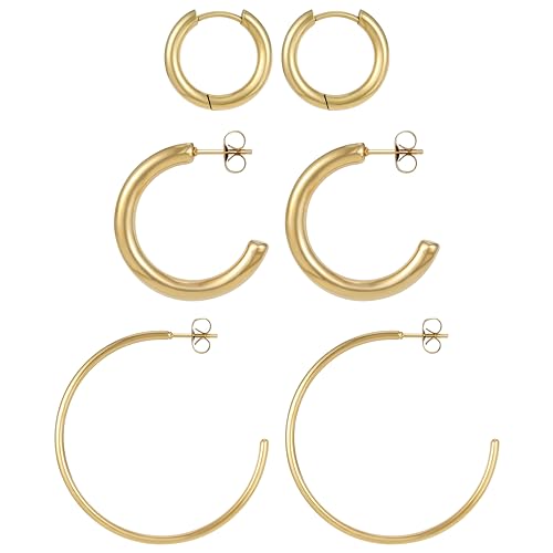 BONNYBIRD Creolen Set Edelstahl Groß Damen Goldene Breit Dünn Klein Ohrstecker Frauen Wasserfest Schmuck Vergoldet Hypoallergen Medizinischer Chirurgenstahl Nickelfrei Goldschmuck