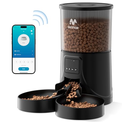 IMIPAW Futterautomat Katze WiFi 2.4G APP-Steuerung Trockenfutterspender für 2 Kleine Hunde und Katzen 4L Programmierbare Zeitschaltuhr 1-10 Mahlzeiten pro Tag Trockenmittelbeutel