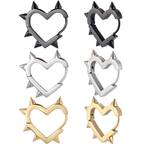 Beebeecraft 3 Paar Herz Nieten Ohrringe 304 Edelstahl Huggie Creolen Mit Spikes Punk Gothic Stil Für Damen Und Herren Geschenk
