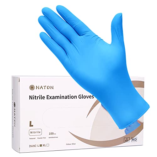 NATON Einmalhandschuhe Groß Puderfrei Nitrilhandschuhe - 100 Stück Box Blau Nitril Einweghandschuhe Ohne Latex Unsteril Latexfrei Handschuhe Einweg Latexhandschuhe Disposible Glove L