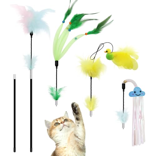 SONGWAY Katzenspielzeug Angel mit Feder - Katzen Angel Set mit 2 Stab und 4 Katzenangel Ersatzfedern Anhänger Katzenspielzeug Feder Interaktives Katzenspielzeug für Kätzchen und Katzen
