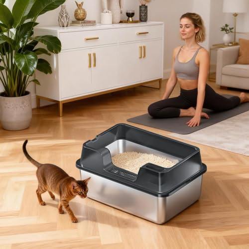 Extra große geruchsresistente Edelstahl Katzentoilette Halbgeschlossenes Katzenklo mit hohem Rand auslaufsicher leicht zu reinigen antihaftend ideal für große Katzen Metall Katzenstreu Box