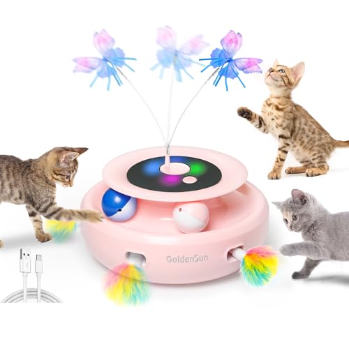 GoldenSun 3 in 1 Elektrisch Automatischer für Interaktives Whack A Mole Fluttering Butterfly inklusive Ball USB Wiederaufladbar Teaser mit 6 Aufsätzen