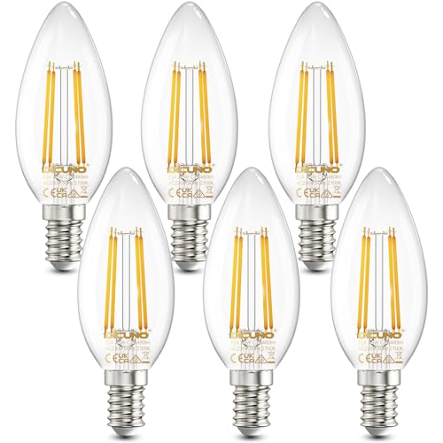 DiCUNO E14 LED Kerze 3.5W Warmweiß 2700K Kerzenlampe für Kronleuchter Ersatz 40W Halogen Classic Glühfaden C35 480LM Klarglas Filament Antike Vintage 360 Winkel nicht dimmbar 6er Pack