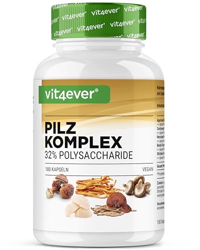 Pilz Komplex - 180 Kapseln - Hochdosiert mit 1500 mg Extrakt pro Tagesdosis - 32% Polysaccharide - Löwenmähne Hericium Reishi Cordyceps Shitake Agaricus Blazei - Vegan