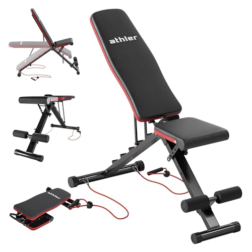 Athler Gorilla 10 Hantelbank verstellbar klappbar Home Gym Trainingsbank für Zuhause verstellbare Rückenlehne Widerstandsbändern Stahlrahmen Kunstlederpolsterung Schwarz