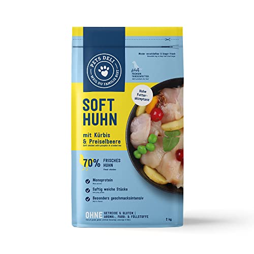 Pets Deli Soft Trockenfutter für Hunde mit Huhn Kürbis Preiselbeere ohne Zucker und Gluten 2kg