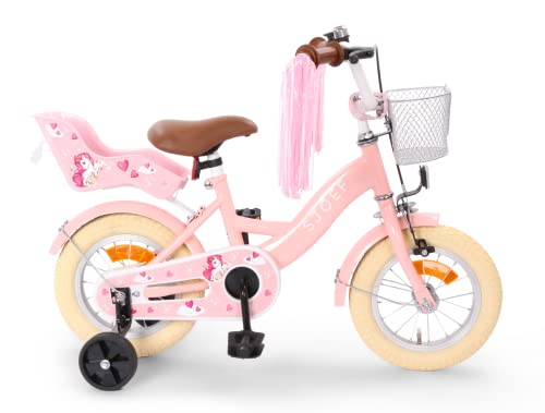 SJOEF Dolly Kinderfahrrad 14 Zoll Kinder Fahrrad für Mädchen Jugend Ab 2-6 Jahren 12-16 Zoll inklusive Stützräder Rosa