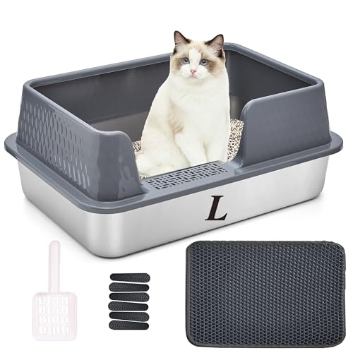 Suhaco Edelstahl Katzenklo mit Deckel Matte und Schaufel für katzentoilette Hohe Seiten XL Leicht Zu Reinigen Große Streukasten L Grau