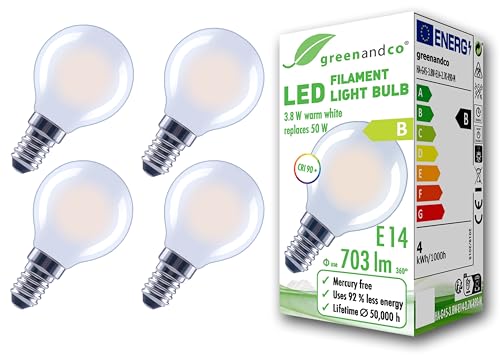 greenandco 4x Glühfaden LED Lampe matt CRI 90 E14 G45 3 8W 703lm ersetzt 50W 2700K warmweiß 320 230V flimmerfrei Energieeffizienzklasse B nicht dimmbar