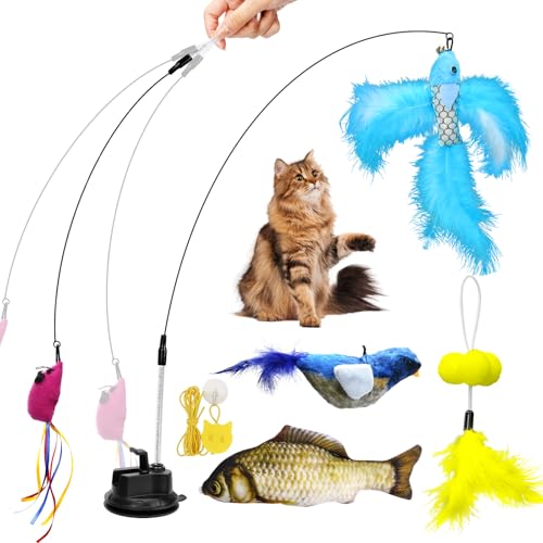 Corpower Interaktives Katzenspielzeug Angel Katzenspielzeug Selbstbeschäftigung Katzenangel Spielzeug mit Saugnapf Federn Vogel Fisch Katzenspielzeug Interaktiv