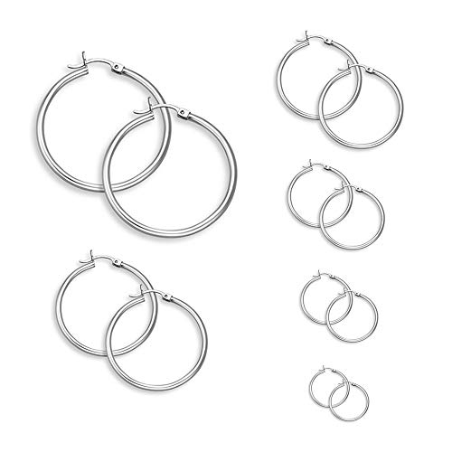 Epoch World 6 Paare Edelstahl Ohrringe Damen Silber ohrschmuck Set 15MM-60MM Rund Groß Hängend Ohrringe Silber creolen 6 Größen