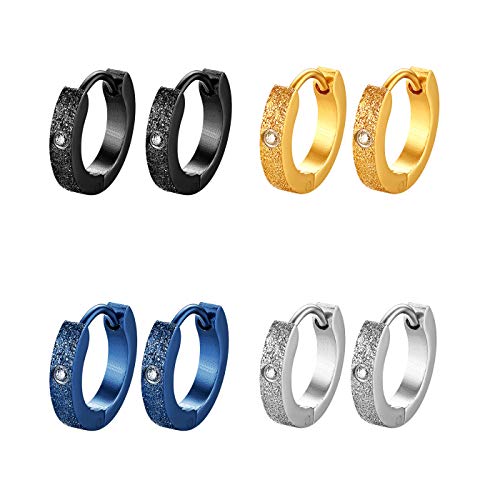 JewelryWe Schmuck 4 Paar Creolen Ohrringe Edelstahl Zirkonia Sandgestrahlt Huggie Hoop Klappcreolen Ohrschmuck Ohrstecker für Herren Damen Schwarz Gold Silber Blau