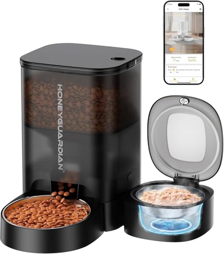 HoneyGuaridan 2 in 1 Smart für Trocken WLAN 2.4G Automatischer Katzenfutterautomat Trockenmittelbeutel Nassfutterautomat Kühlfunktion   3 Eispacks