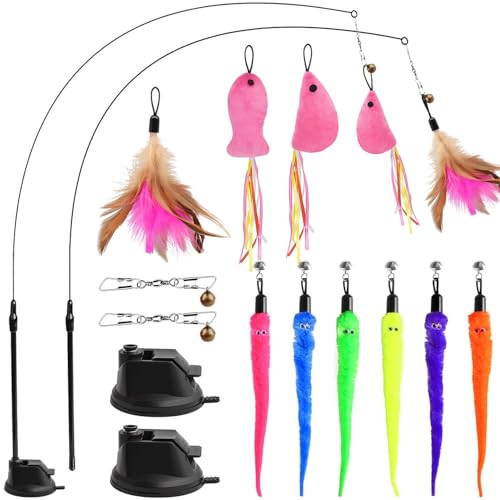 Jou Shen Interaktives Katzenspielzeug Angel mit Feder- Intelligenz Spielzeug für Katzen Federspielzeug Mit Saugnapf für Kitten SelbstbeschäFtigung 14 STK Feder Maus Fisch