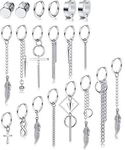 MILACOLATO 20 Stück Herren Ohrringe Edelstahl Creolen mit Scharnier Kreuz Ohrringe Ohrhänger für Herren Damen Langkettige Kpop Ohrringe Set Silber
