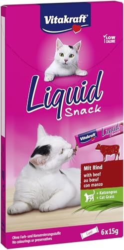 Vitakraft Liquid Snack Katzen Leckerli Katzensnack cremig mit Rind und Katzengras in einzelnen Sachets für eine gesunde Darmflora 1 Paket mit 6x 15g