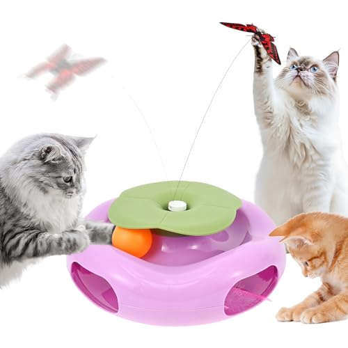 Katzenspielzeug 3 in 1 Interaktives Elektrisch Automatischer Kätzchenspielzeug Flatternder Schmetterling Rotierenden Federn Katzenballbahn Batteriebetriebenes Schmetterlingsstab für Indoor Katzen