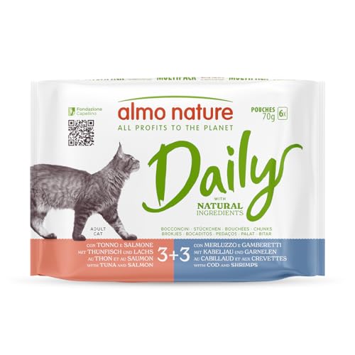 Almo Nature Daily - Nassfutter für Erwachsene Katzen - Häppchen - Thunfisch und Lachs Kabeljau und Garnelen - 70 g Packung mit 6