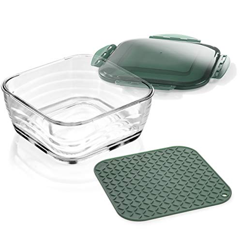 Genius A27054 Nicer Dicer Chef Glasschüssel groß mit Deckel Silikonmatte Kombi-Set-ofenfeste Glasbehälter Auflaufform Ofenform backofenfest und gefriergeeignet Glas 2800 milliliters