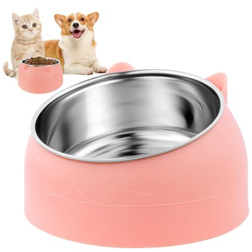 WUGU Katzennapf Edelstahl 15 Geneigter Erhöhter Katzen Futternapf 400ML Fressnapf für Katze Hunde Abnehmbarer Katzennäpfe zum Schutz der Halswirbelsäule Wasser Nassfutter Trockenfutter Rosa
