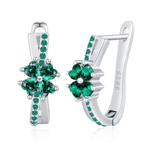 Kleeblatt Creolen 925er Sterlingsilber mit grünem Zirkonia Klappring Kleeblatt irischer Schmuck für Damen und Mädchen St. Patrick s Day