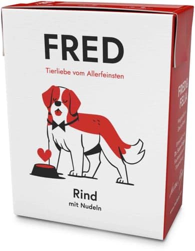 FRED Nassfutter Hund Rind mit Nudeln Monoprotein 50 % Rindfleisch in Lebensmittelqualität Getreidefrei mit Gemüse Ölen Alleinfuttermittel für Hunde 390g Tetra Pak