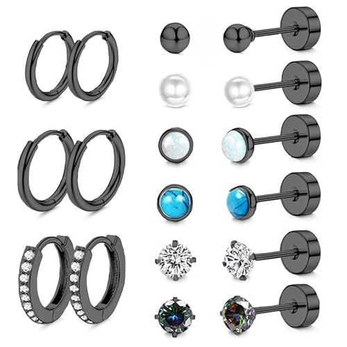 LOFITOR 9Paare Titan Ohrringe für Damen Herren Titanstahl Chirurgenstahl Medizinische Ohrstecker und Klein Creolen Ohrringe Set Hypoallergene 14K Vergoldet Tragus Helix Piercings Ohr Schwarz