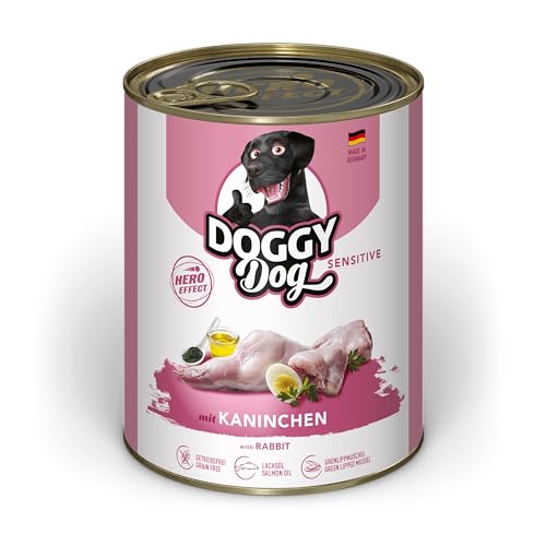 DOGGY Dog Pat Kaninchen Sensitive 6 x 800 g Nassfutter für Hunde getreidefreies Hundefutter mit Lachsöl und Grünlippmuschel besonders gut verträgliches Alleinfuttermittel Made in Germany