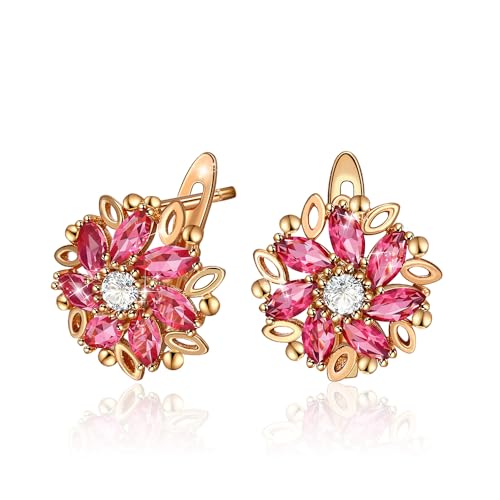 XUPING Flower Ohrringe für Damen Kristall Blume Ohrringe 14k Gold Creolen Hängend Red Strass Hypoallergenic Jewelry Rot