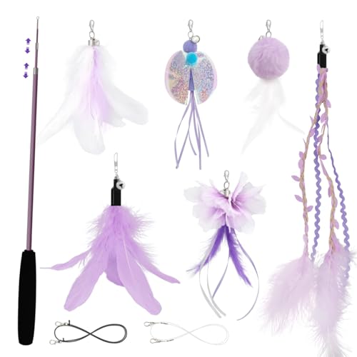 SONGWAY Interaktives Katzenspielzeug Angel mit Feder Einziehbarer Katzenangel lang Katzenspielzeug Set mit 6 Katzenangel Ersatzfedern Anhänger Feder Glocke für Kätzchen und Katzen Lila