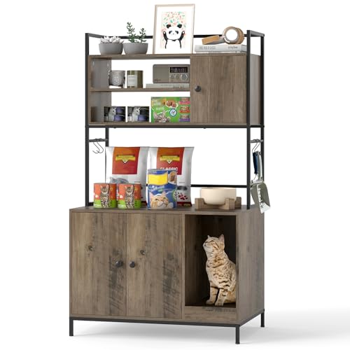 COSTWAY Katzenschrank mit Regalen Katzenklo Schrank für Katzentoilette Katzenhaus mit Kratzbrett 4 Haken Eingang für Katzen Hunde Haustier Metall Katzenmöbel Indoor 78 x 51 x 137 cm Grau