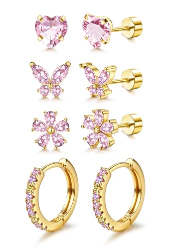 Roheafer 4 Paar Ohrringe Mädchen Damen Chirurgenstahl Flatback Ohrstecker Hypoallergene 14K Vergoldete Ohrringe Creolen Klein Bunt Herz Blume Ohrring Set Pink CZ