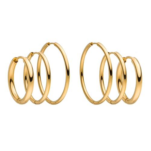 PURELEI Echo Ohrring Set Gold Silber Rosegold Set aus wasserfesten Creolen für Damen 3 Paar Creolen aus Edelstahl Geschenk für Frauen Verschiedene Größen Gold