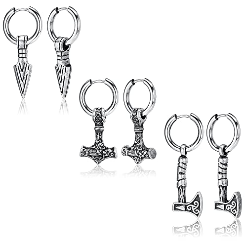 MILACOLATO 3 Paar Ohrringe Männer Wikinger Ohrringe Für Herren Dangly Norse Thors Hammer Axt Edelstahl Huggie Kleine Creolen Männer Gothic Wikinger Schmuck Silber