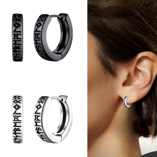 XPEX 2 Paar Nordischer Wikinger Hoop Ohrringe Herren Creolen Ohrstecker Schwarz Amulett Schutz Schmuck Geschenke Edelstahl Herren Ohrstecker Mit Nordic Elder Runen Schwarz Silber