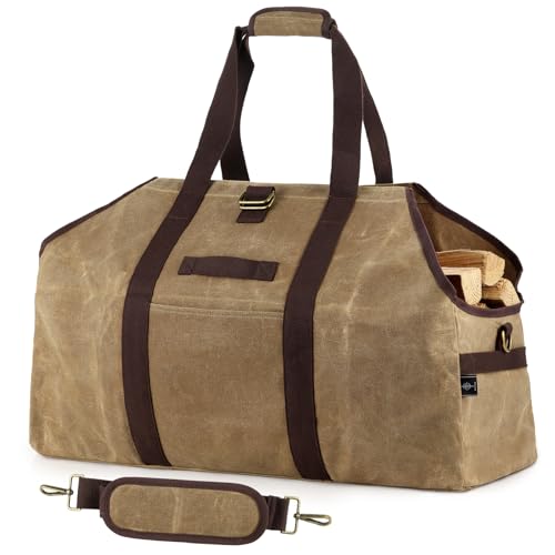BONTHEE kaminholztasche Kaminholz Holzkorb Tragetasche Brennholztasche Kaminholzträger gewachstes Segeltuch wasserdicht Extra Groß Freistehende Holztragetasche - Khaki