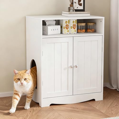 Katzenschrank Katzentoilette offenen Fächern Katzentoilettenschrank Katzenklo Schrank Versteckte Katzentoilette Kabinett Indoor-Katzenhaus Katzenhausfür Schlafzimmer und Wohnzimmer 60x43.5x73cm Weiß