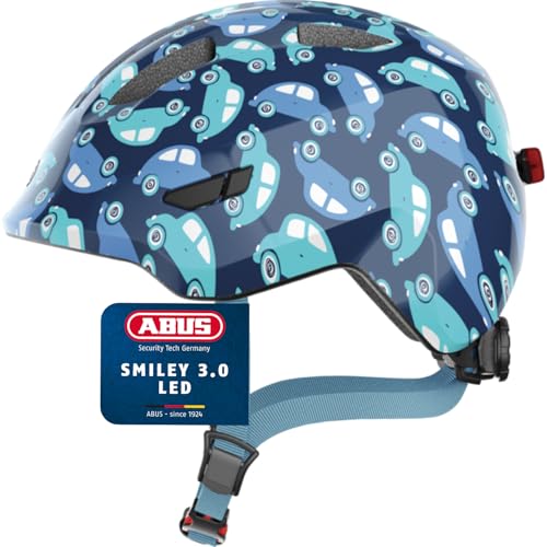 ABUS Kinderhelm Smiley 3.0 LED - Fahrradhelm mit Licht - tiefe Passform Platz für einen Zopf - für Mädchen und Jungs - Blau mit Auto-Muster Größe M