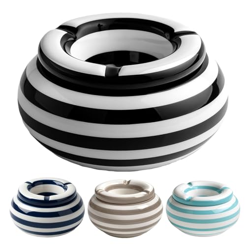 Murago - Keramik Aschenbecher mit Deckel 11 5 cm - Schwarz - Streifendesign 3 Zigaretten-Ablagen glänzend Strand Beach Maritim Windaschenbecher Indoor Outdoor Tischaschenbecher Raucherzubehör