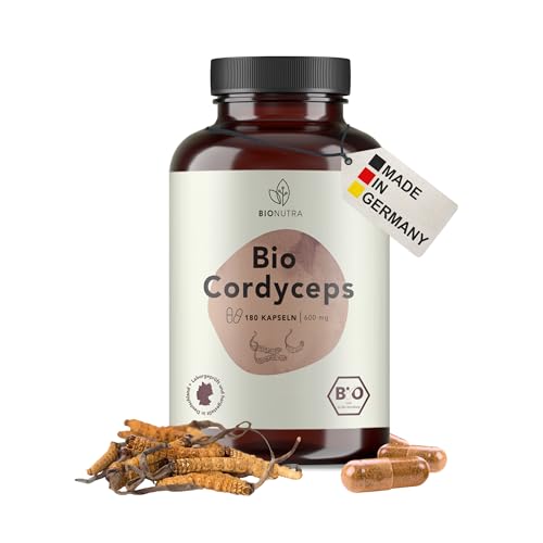 BIONUTRA Bio Cordyceps Kapseln hochdosiert 1200 mg Tagesdosis rückstandskontrolliert deutsche Herstellung vegan ohne Zusätze Raupenpilz Cordyceps Bio 180 Kapseln x 600 mg
