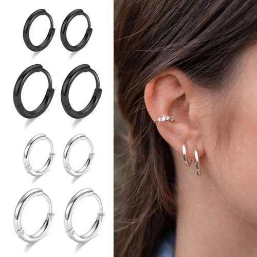 COYUN 4 Paare Edelstahl Creolen Ohrringe Herren Damen Creolen Klein 8MM 14MM Silber Schwarz