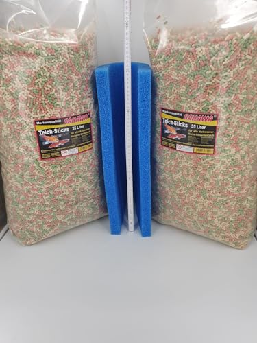 Teichsticks Teichfutter Sticks 3-Fach Mix Vorteilspack 2 x 3 kg ca. 70 l Beutel 1 Filterschaumplatte medium 50x50x3cm Goldfischfutter Koifutter Sahawa