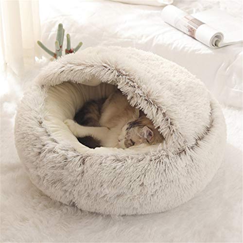 Fashionapple Flauschiges Katzenbett rund weiches Plüsch Höhle mit Kapuze Katzenbett für den Winter warm Schlafkissen rutschfest maschinenwaschbar für und Welpen Kaffee 60cm