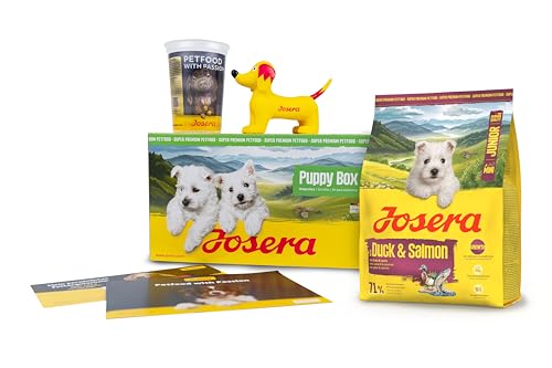 JOSERA Puppy Box Mini Junior Ente Lachs 6-TLG. Premium Trockenfutter Willkommenspaket für Welpen Kleiner Rassen Ab der 6. Lebenswoche Zahnsteinprophylaxe 1er Pack