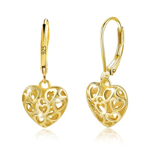 ALEXCRAFT Herz Ohrringe Gold Sterling Silber 925 Hängend Leverback Ohrringe für Damen Geschenk für Frauen Freundin Mama Mädchen