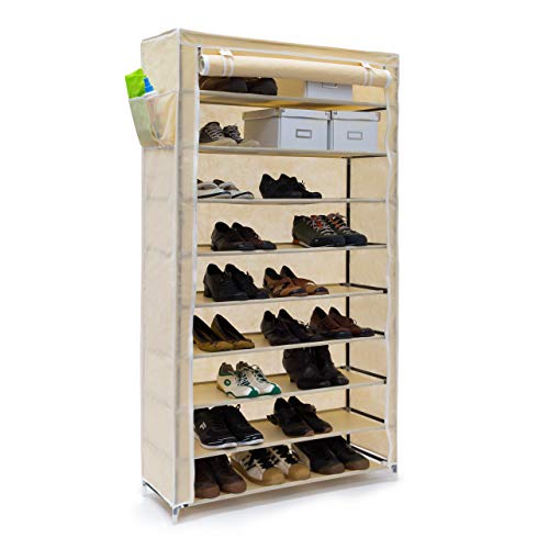 Relaxdays 1 x Schuhschrank Valentin hohes Schuhregal mit Stoffbezug 9 Ablagen Stoffschrank HBT 161 x 88 x 30 cm beige